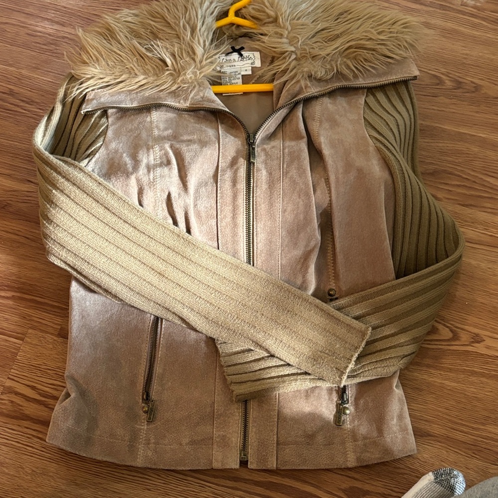 Live a Little Metallic Taupe Zip-Front Jacket with Faux Fur Collar
